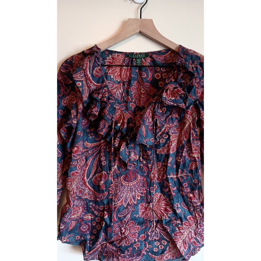 Lauren Ralph Lauren Paisley Ruffle Tie Neck Boho Blouse Lightweight XS - Picture 2 of 9